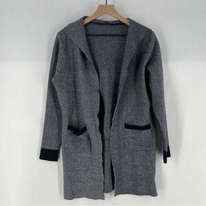 Blue‎ Soft Knit Raw Edge Open Front Hooded Longline Sweater Jacket Minimalist